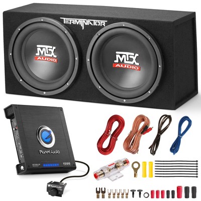 MTX Dual 12 Inch 1000 Watt RMS Vented Subwoofer Enclosure + Planet Audio 1500 Watt Monoblock Amp + Soundstorm 8GA Wiring Kit, Black