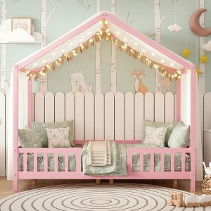 Merax Montessori Floor Bed with Canopy and Full Safety Railings - 1 of 4