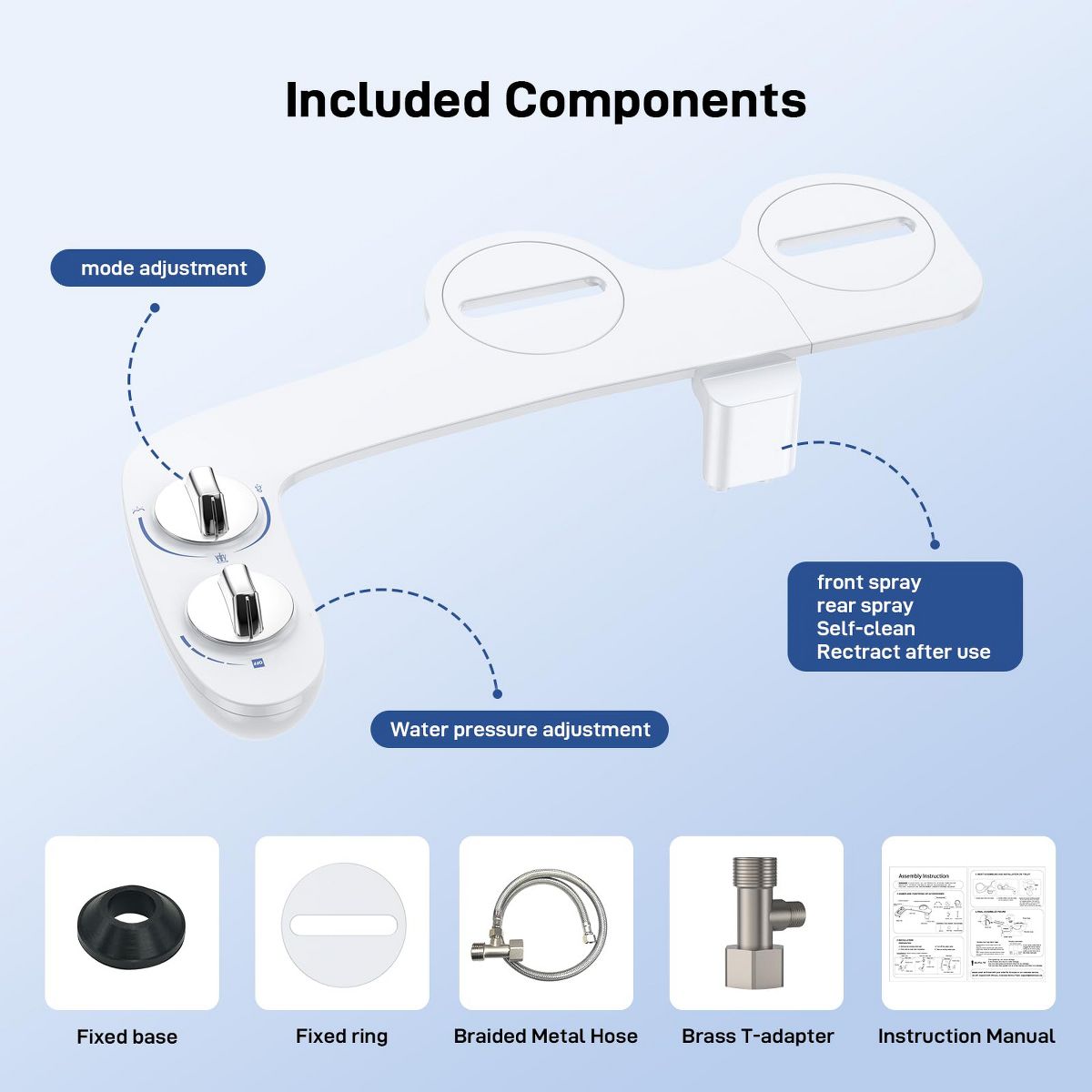 17/19 Inch Bidet Toilet Seat for Elongated Toilet, Dual Nozzle Self-Cleaning Non-Electric PP Bidet Attachment, White - thumbnail 4