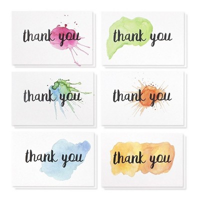 Juvale 48-Count Bulk Watercolor Splash Thank You Cards with Envelopes, Thank You Notes, 6 Designs, 4 x 6 in