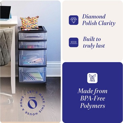 Medium Black and Clear Plastic 4-Drawer Storage Cart with Wheels