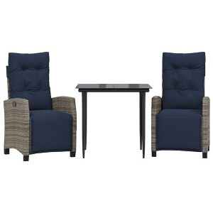 vidaXL 3-Piece Patio Dining Set - Adjustable Gray Poly Rattan Chairs with Navy Cushions & Glass-Top Table for Garden/Outdoor - 1 of 4