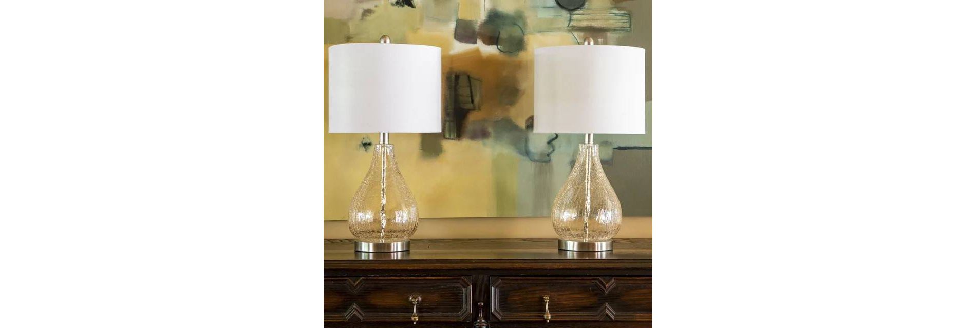 Decor Therapy (Set of 2) Crackled Teardrop Table Lamps: Modern Desk Lamp, 3-Way Switch, Linen Shade, UL Listed
