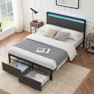 Queen Bed Frame with 2 Storage Drawers, LED Lights Upholstered Platform Bed with Heavy Duty Metal Slats, No Box Spring Needed - 1 of 4
