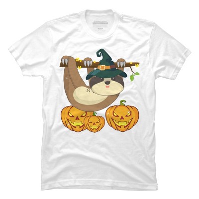 Men's Design By Humans Funny Witch Sloth With Jack O Lantern Halloween T-Shirt By thebeardstudio T-Shirt