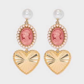 Linear Pearl Cameo Heart Drop Earrings - Wild Fable™ Gold