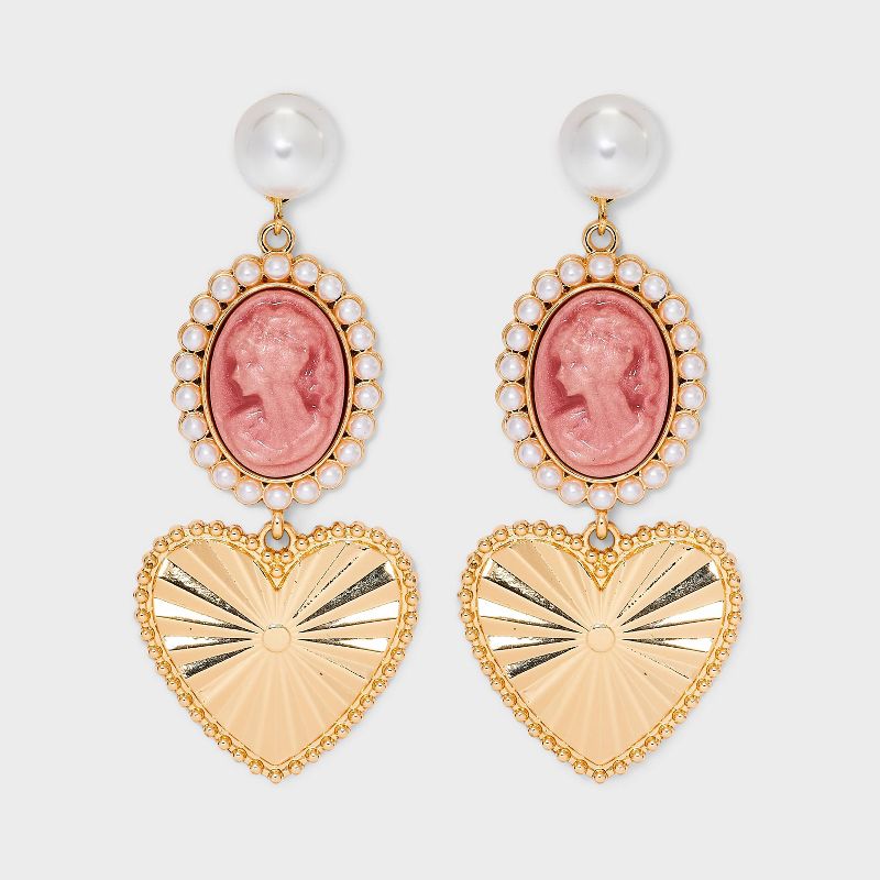 Linear Pearl Cameo Heart Drop Earrings - Wild Fable&#8482; Gold, 1 of 5