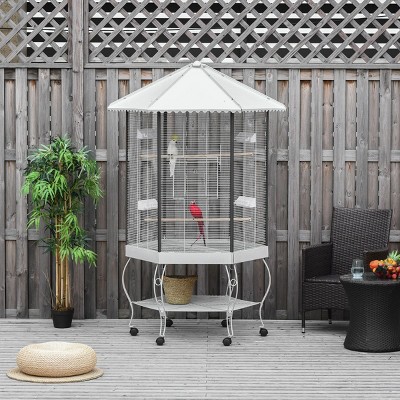 Hexagon Flight Bird Cage with Roof Large Portable Aviary on Wheels with Storage Shelf and Pull Out Tray for Parrots - LAOTIES