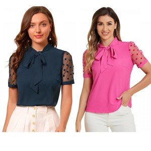 INSPIRE CHIC Women's Bow Tie V Neck Stand Collar Short Mesh Sleeve Blouse 2 Packs - 1 of 4