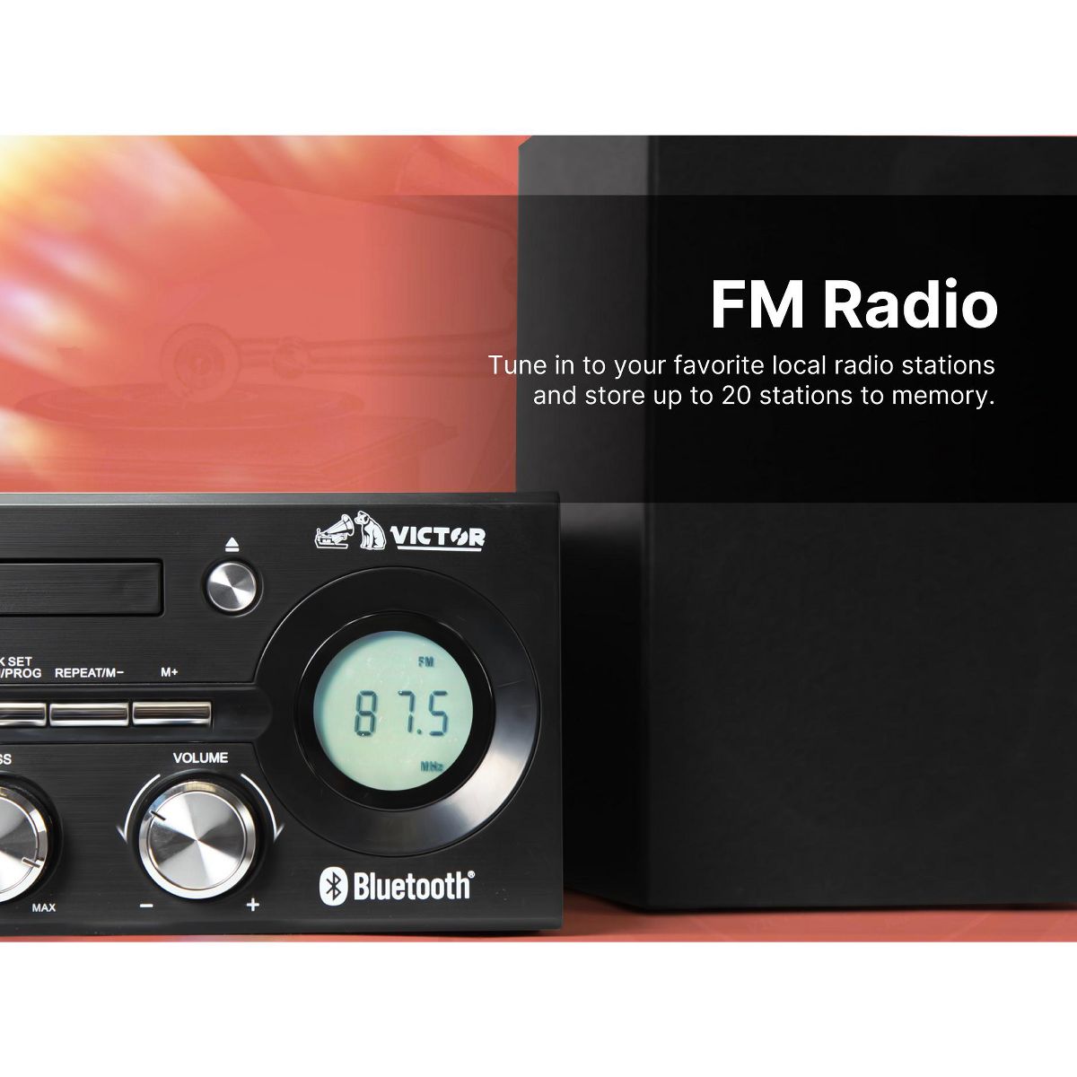 VICTOR Milwaukee 50 Watt Desktop Bluetooth Stereo System with CD/MP3 Player, FM Radio, Functioning VU Meters, and Detached Stereo Speakers, Black - thumbnail 7