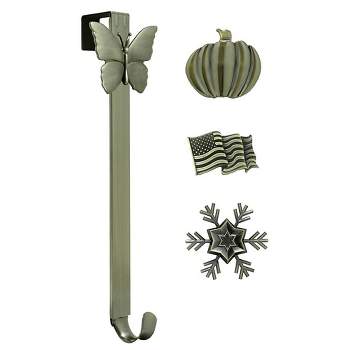 Haute Decor Christmas Adjustable Wreath Hanger with Icon Bundle Antique Brass Flag/Snowflake/Pumpkin/Butterfly