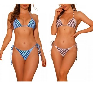 INSPIRE CHIC Women's Triangle Halter High Cut Tie Side Plaid Print String Bikini Swimsuits Bathing Suits 2 Sets - 1 of 4