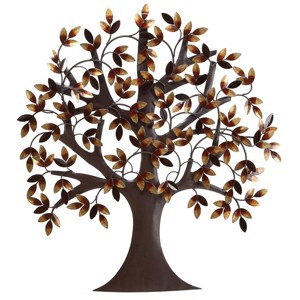 Metal Tree Indoor Outdoor Wall Decor with Leaves Brown/Gold - Olivia & May - 1 of 4
