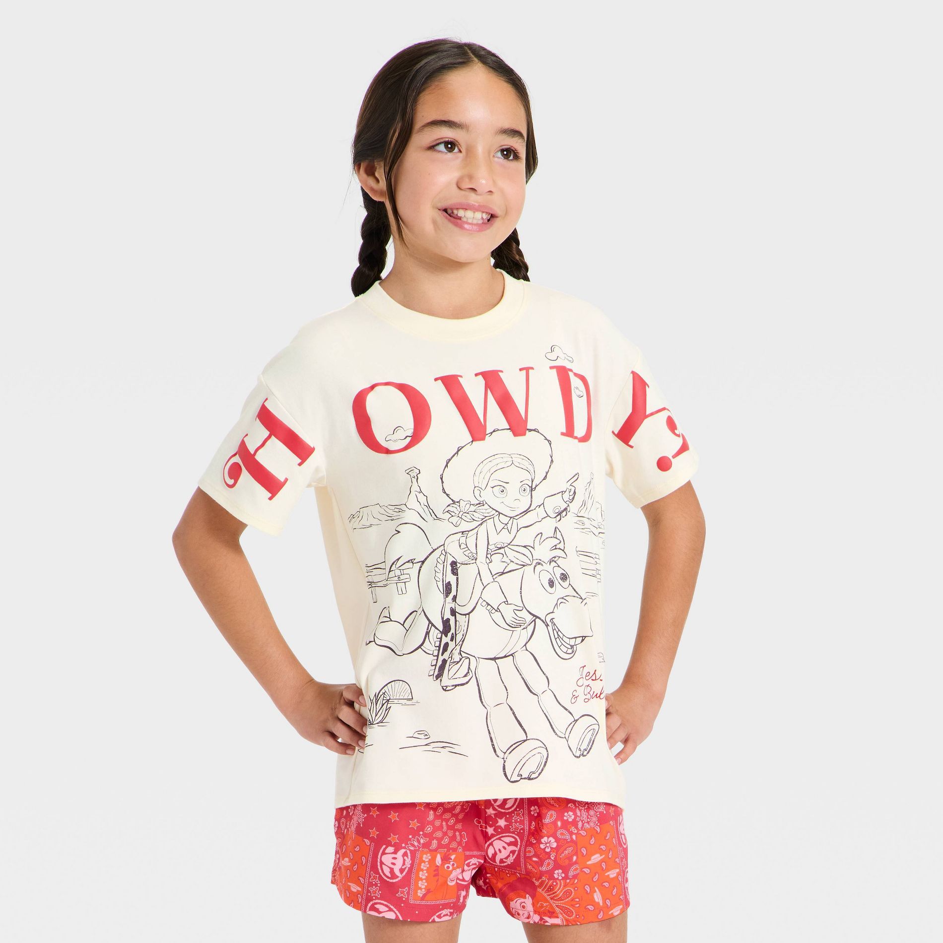 Girls' 4th of July Disney Toy Story Jessie "Howdy" Oversized Short Sleeve Graphic T-Shirt - Ivory