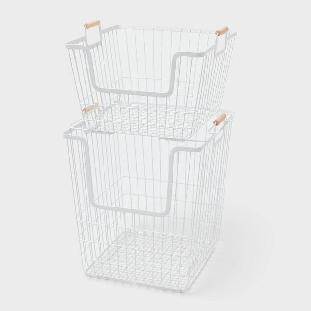 2pk Stacking Wire Laundry Baskets with Wooden Handles - Brightroom