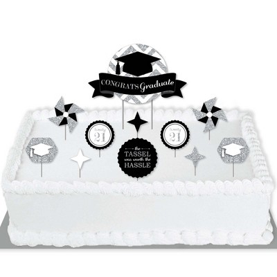 Big Dot of Happiness Silver - Tassel Worth The Hassle - Silver - 2021 Grad Party Cake Decorating Kit - Congrats Graduate Cake Topper Set - 11 Pieces