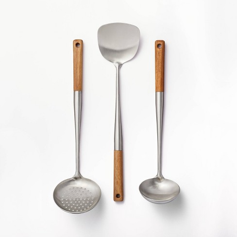 3-peice Stainless Steel Turner Ladle Set with Wooden Handle