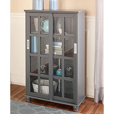 Gray Engineered Wood Sliding Door Storage Cabinet with Glass Panels