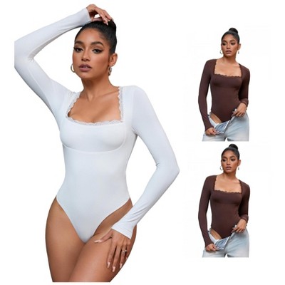 INSPIRE CHIC 3 Pcs Women's Lace Square Neck Long Sleeve Tummy Control Body Shapers