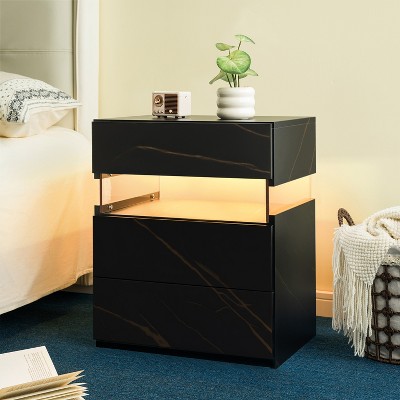 QingMoon Modern Nightstand with 3 Drawers, LED Bedside Tables, for Bedroom Living Room Bedside Furniture