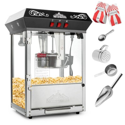 Old-Fashioned Black Steel Tabletop Popcorn Machine with Cart