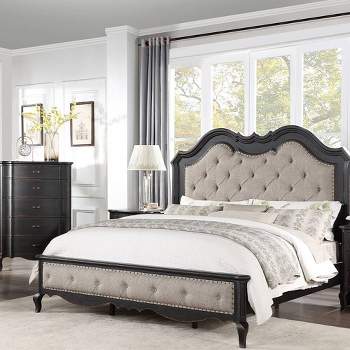 66.5" Queen Bed Chelmsford Bed Beige Fabric Antique Black Finish - Acme Furniture