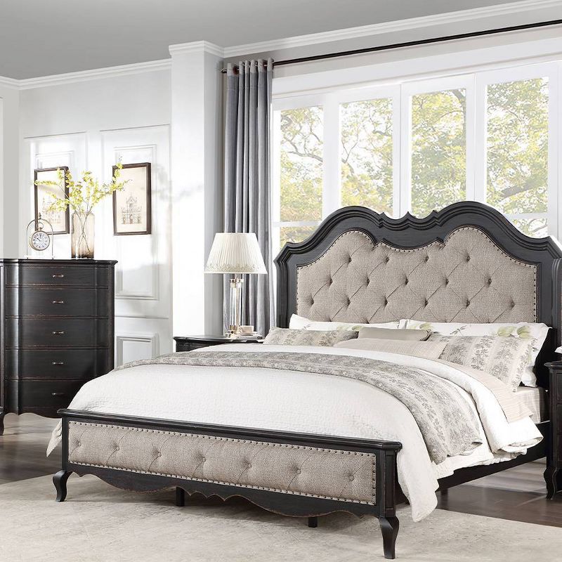 66.5&#34; Queen Bed Chelmsford Bed Beige Fabric Antique Black Finish - Acme Furniture, 1 of 9