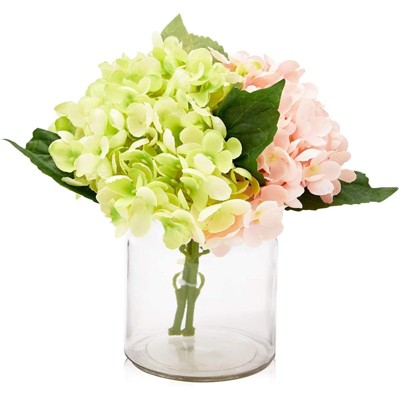 Farmlyn Creek 1 Pack Artificial Hydrangea Flowers with Glass Vase (Green, Pink)