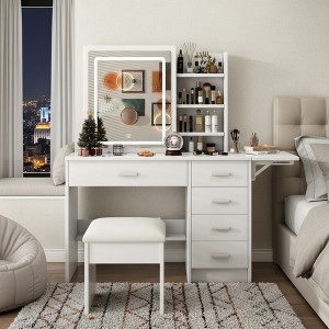 FONTOI 45.3"W Makeup Vanity Desk with Mirror Chair Storage with 5 Drawers Open Shelves for Woman Bedroom Dressing Room, White, 45.28"*15.35"*53.15" - 1 of 4