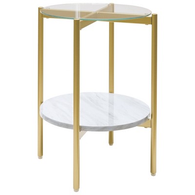 Glass Top Metal End Table with Marble Shelf White/Gold - Benzara
