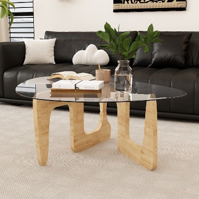 FUFU&GAGA Artistic Glass-Top Desk with Solid Wood Base