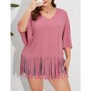 Women's Plus Size Fringe Hem Short Sleeve V-Neck T Shirt Tops - 4 of 4