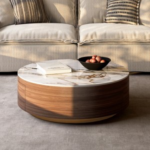 POVISON 35" Round Drum Sintered Stone Coffee Table with Storage, Modern Wood Coffee Table with 2 Drawers, Fully Assembled, Walnut & White - 1 of 4