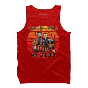Men's Design By Humans Chillin with my creeps 80's style halloween characters By MerchHQ Tank Top - 1 of 3