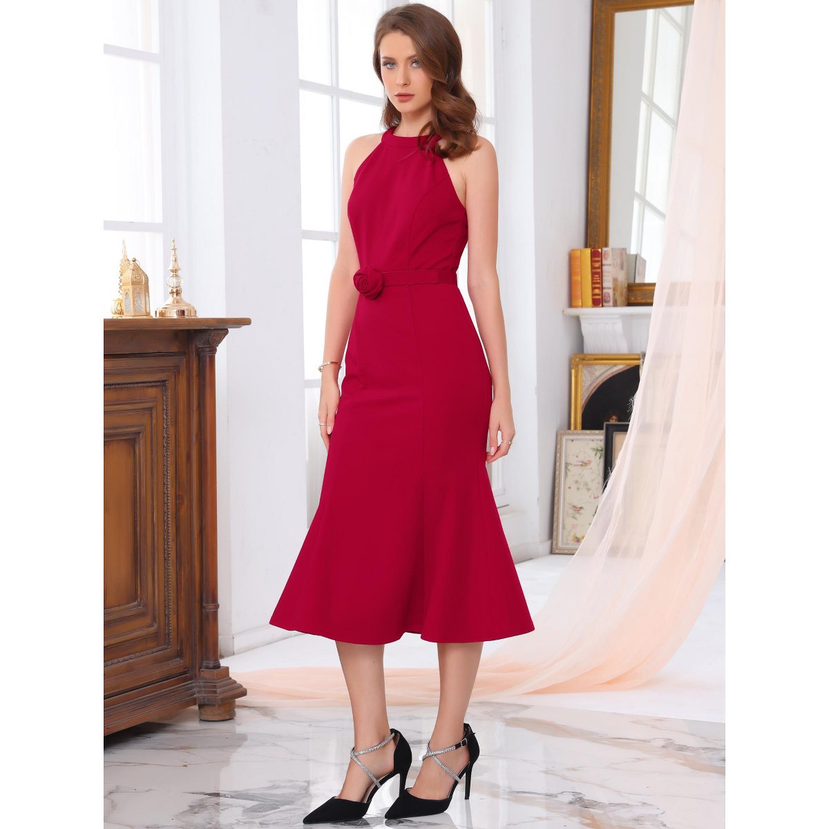 Женские платья INSPIRE CHIC Women's Sleeveless Halter Formal Cocktail Evening Fishtail Bodycon Dresses Medium Red — фото 2