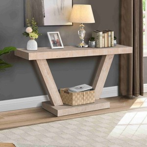 APRILSOUL 59.8 Inches Vintage Distressed Wood Entryway Bench with 2-Tier Solid Wood Veneer Storage Cabinet,Natural - 1 of 4