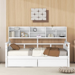 CAVINAS Twin/Full Size Solid Wood Daybed with Bedside Shelves & 2 Storage Drawers,Wooden Bed Frame for Kids Room,Bedroom - 1 of 4