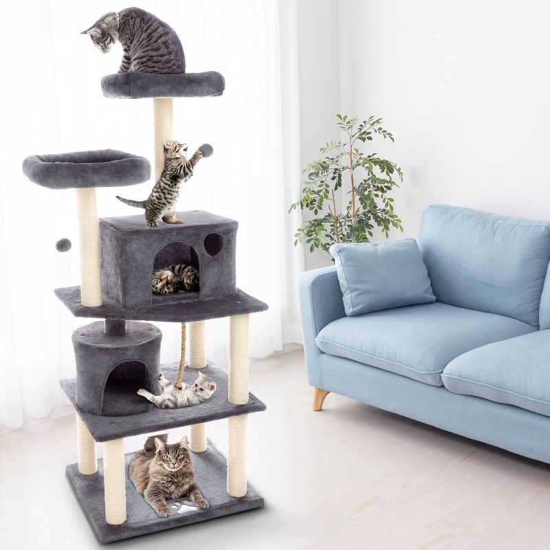 5-Tier Ultimate Cat Tree - 8 Cat Scratching Posts, 2 Padded Perches, 2 Kitty Huts, and 3 Hanging Toys for Multiple Cats by PETMAKER (Dark Gray), 4 of 8