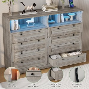 Wooden Dressers for Bedroom with 8 Drawers, Solid Wood Dresser with LED Lights and Outlet, Deep Drawer Dresser TV Stand for 55 Inch, Wide Dressers - 1 of 4