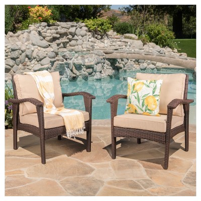 Hilary Brown Wicker Outdoor Club Chairs with Tan Cushions, Set of 2