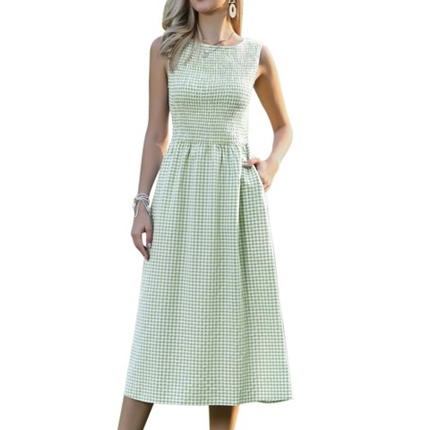 Женские платья INSPIRE CHIC Women's Plaid Smocked Sleeveless Crew Neck Flowy Summer A-Line Midi Dresses Large Light Green