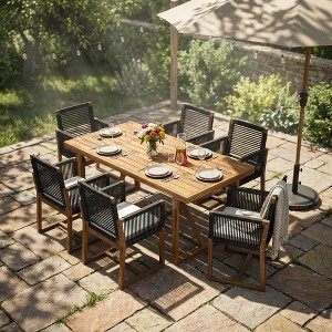 christopher knight patio umbrella Christopher Knight Home Thrinot Modern 7 Piece Patio Acacia Dining Set with  Slatted Table and Rope Design, Teak/Black