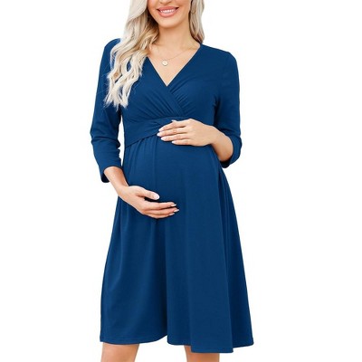 WhizMax Women's Maternity Dress 3/4 Sleeve V Neck Nursing Dresses Casual A Line Ruffle Party Midi Dress
