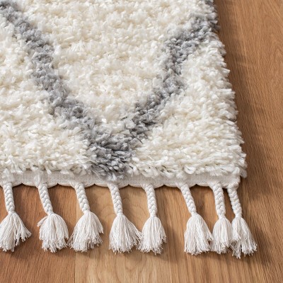 Ivory and Light Grey Diamond Pattern Synthetic Shag Runner Rug