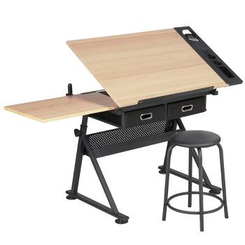 Yaheetech Drafting Table & Stool Set All-in-One Drawing Table Wood, Brown