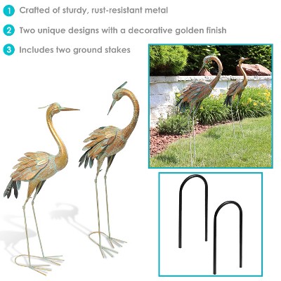 Golden and Blue Iron Crane Garden Statue Set, 40-inch