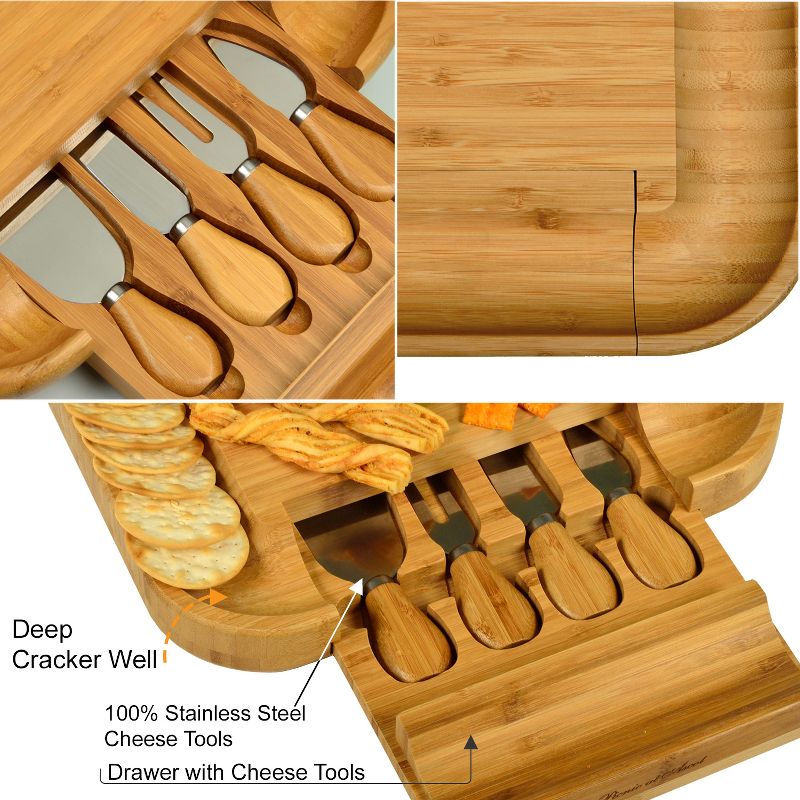 Picnic at Ascot - Bamboo Cheese Board with Cracker Groove & Integrated Drawer w/Cheese Serving Set & Markers, 3 of 5
