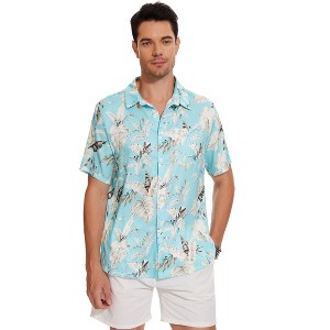 Hawaiian Floral Print Linen Button Down Shirt for Casual Beach Wear - 1 of 4