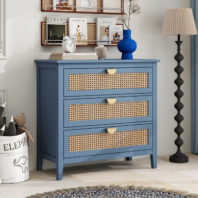 Sapphtopaz Natural Dresser for Bedroom Rattan Drawers Wooden Closet Organizers with Gold Handles Chest of Drawers for Bedroom, Living Room