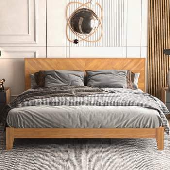 Galano Weiss Wood Frame Platform Bed With Headboard in Amber Walnut, Oslo Oak, Walnut